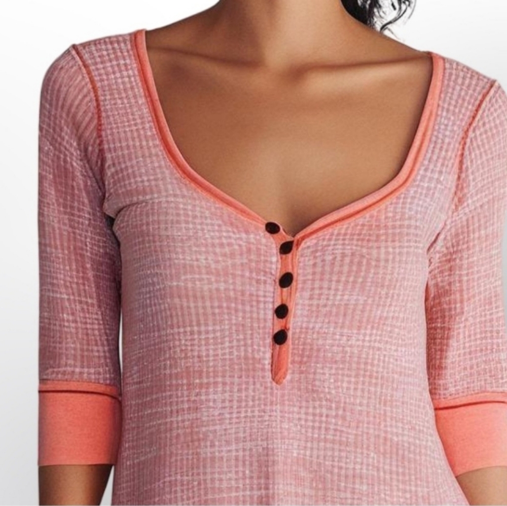 Free People Coral Button-Front Henley Top